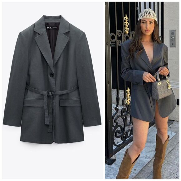 Zara Linen Blend Belted Blazer - Picture 1 of 6